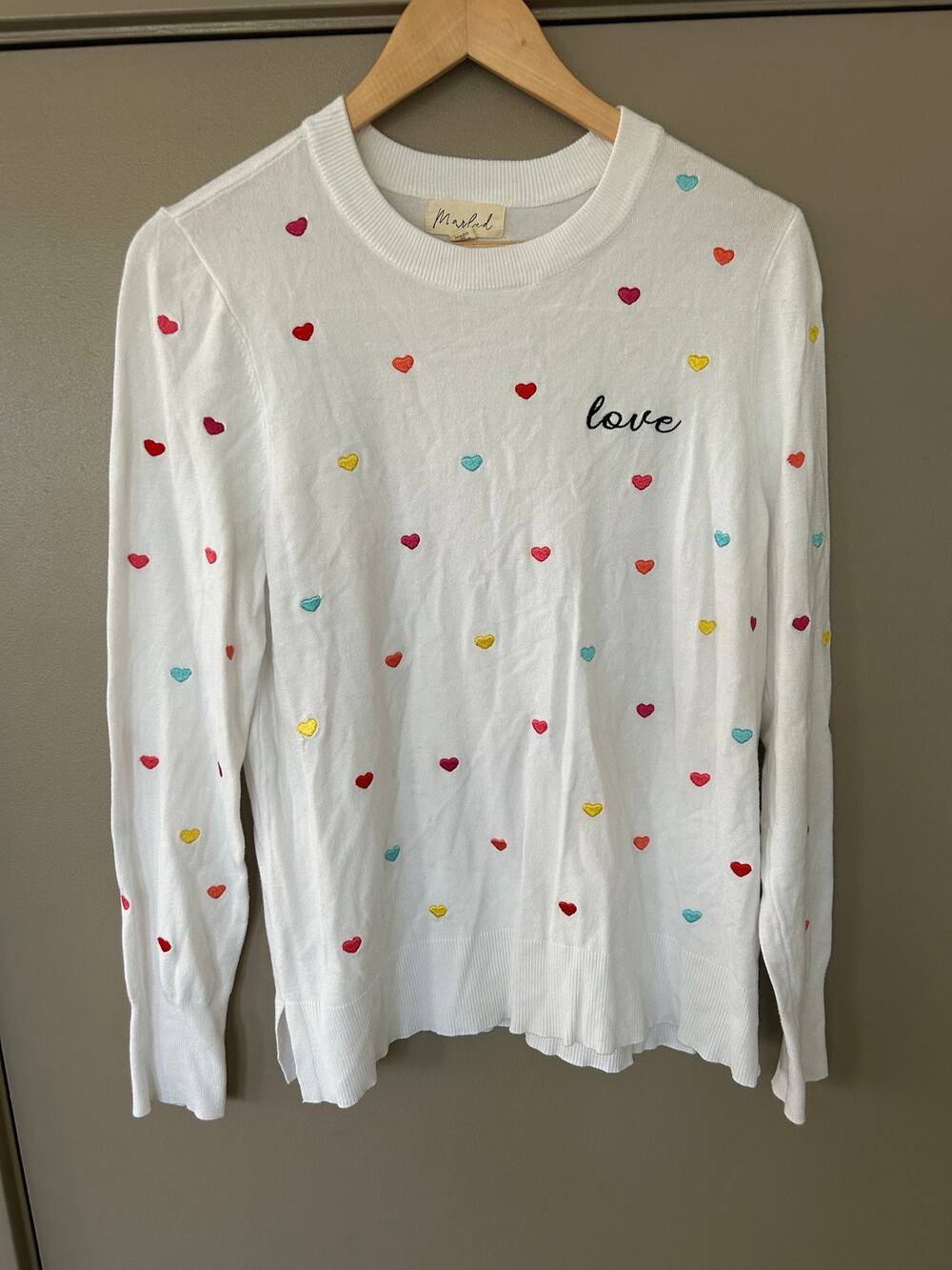 Marled White Multi-Heart Embroidered "Love" Sweater whimsical romantic luxury